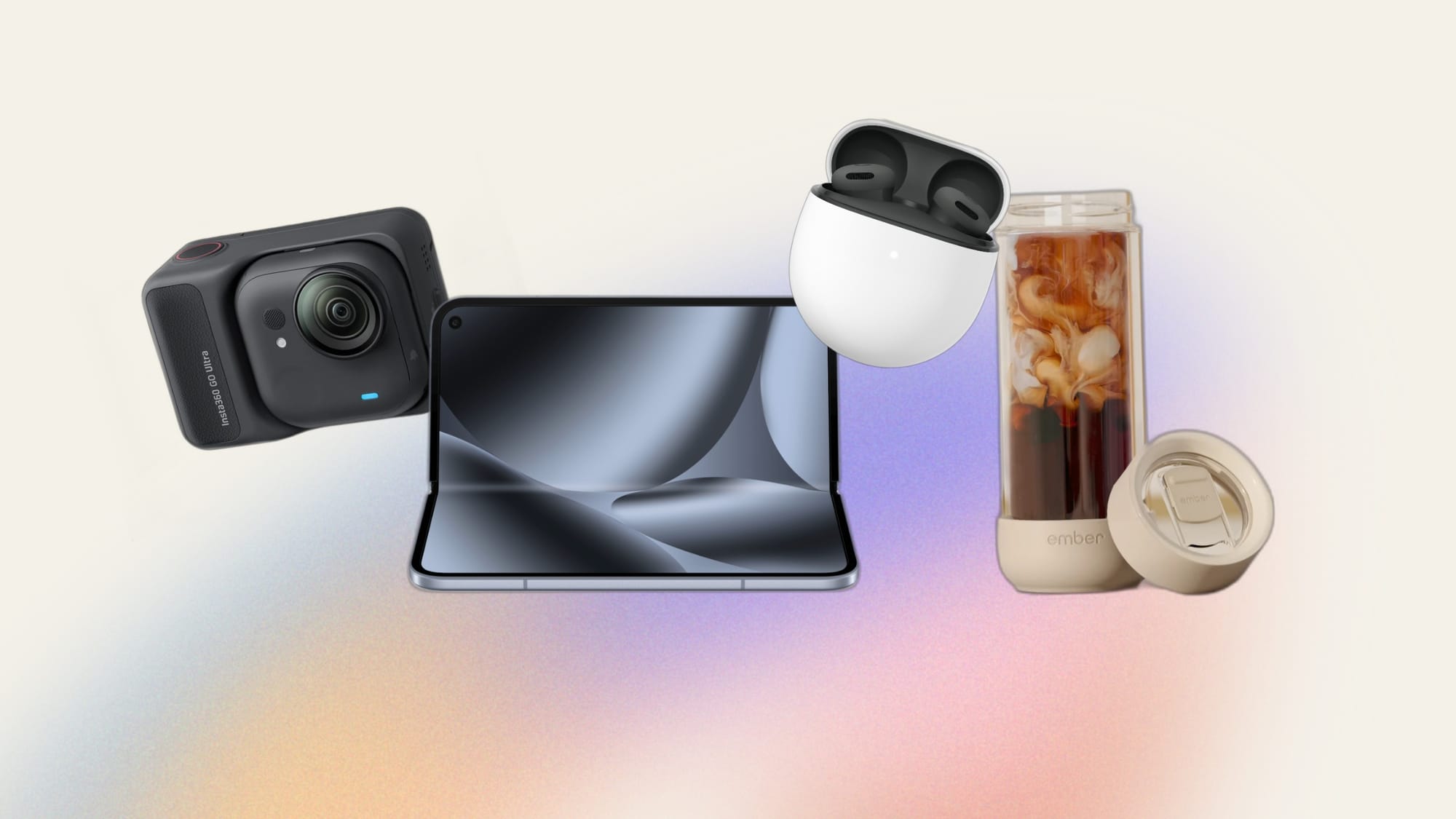 Various gadget cutouts on a multicolor background.